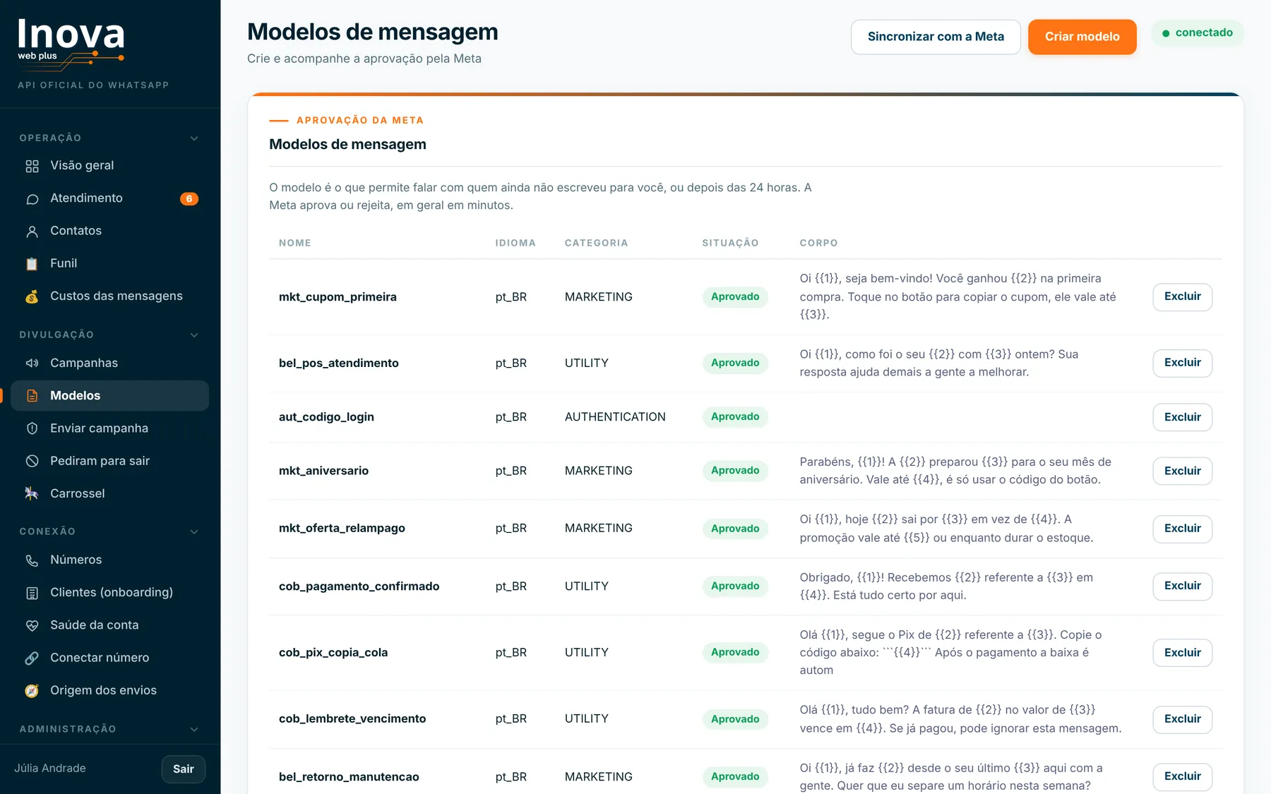 Modelos de mensagem aprovados